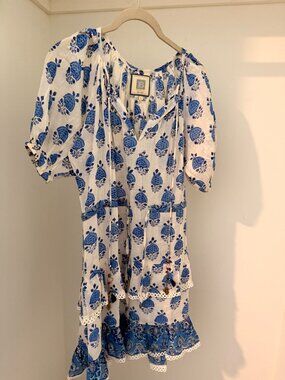 BELL Blue & White Block-Print Tiered Dress – Size S
